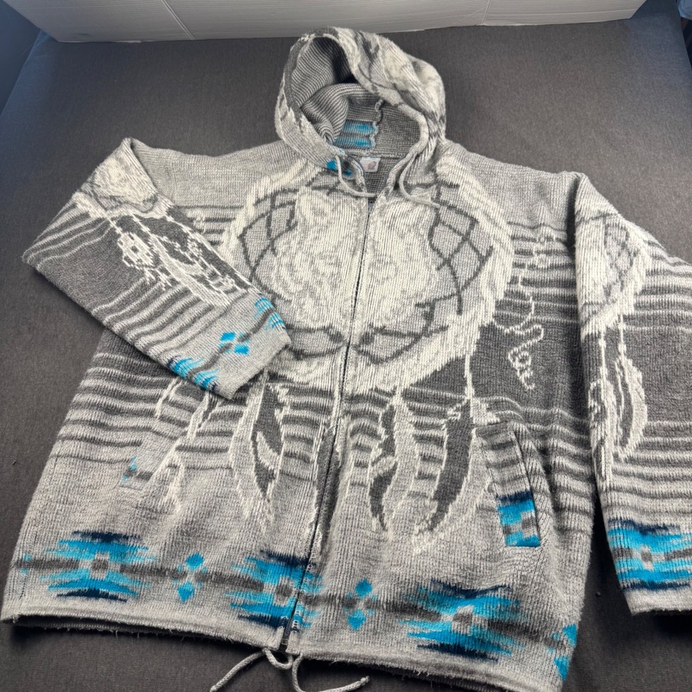 Tuntaquimba Wolf Dreamcatcher Wool Hoodie Sweater Gray Blue Zip Up Ecuador Large